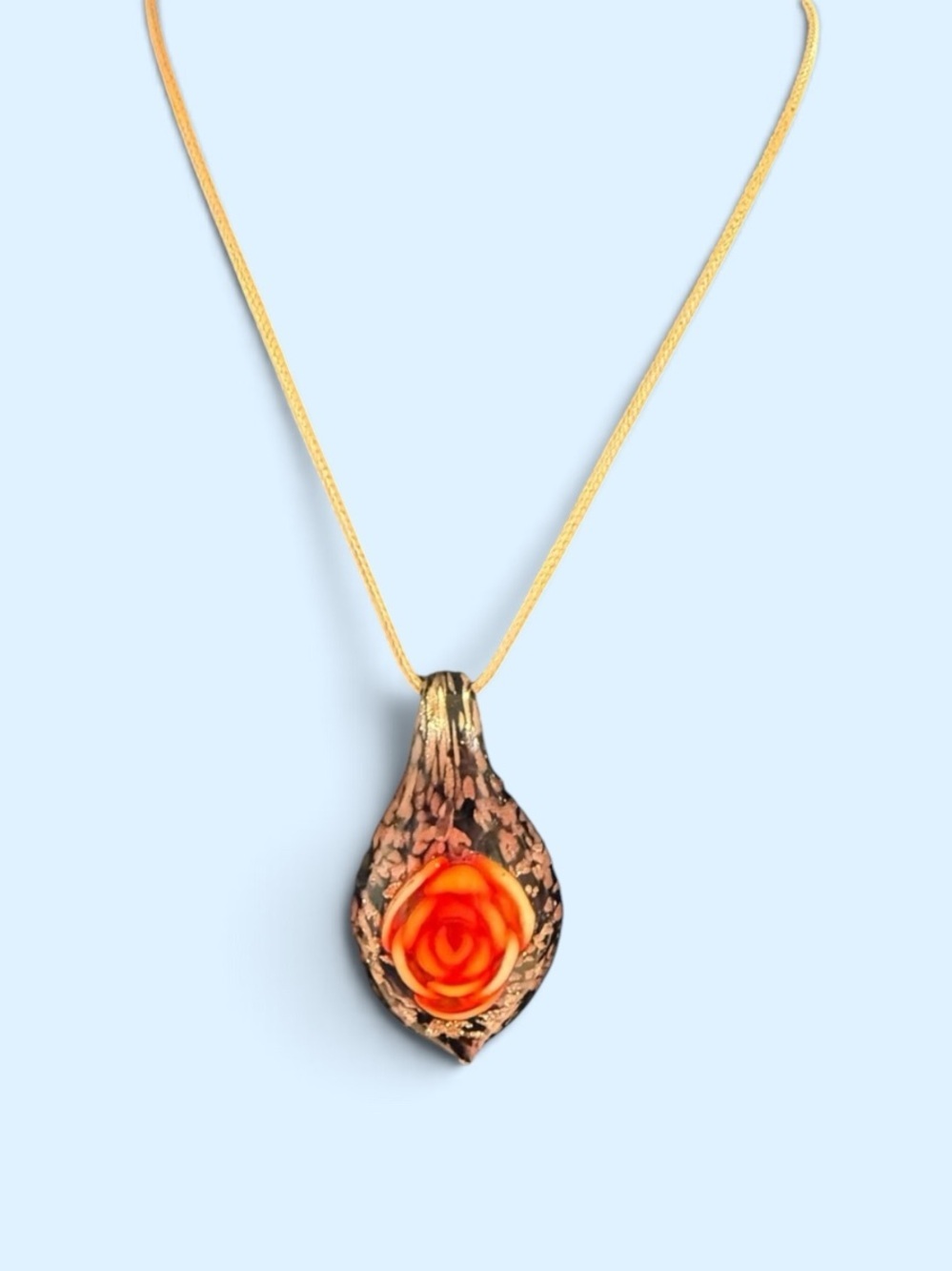 Vintage Glass Orange Rose Pendant Necklace